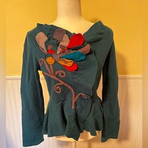 Anthropologie Sleeping on Snow Teal Felted Wool Sweater Jacket, size Medium